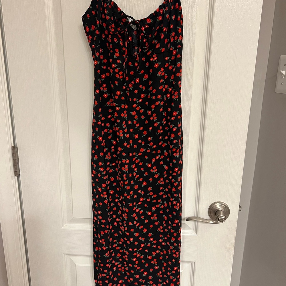 Princess Polly Black Maxi Dress with Red Floral Design